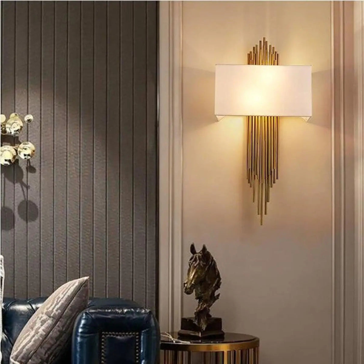 Wall Lamp Art Deco with Gold Tube Fringe and White Fabric Shade