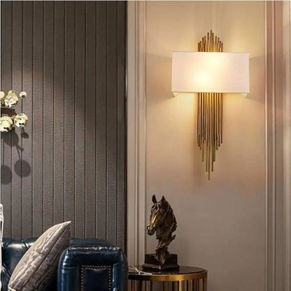 Wall Lamp Art Deco with Gold Tube Fringe and White Fabric Shade