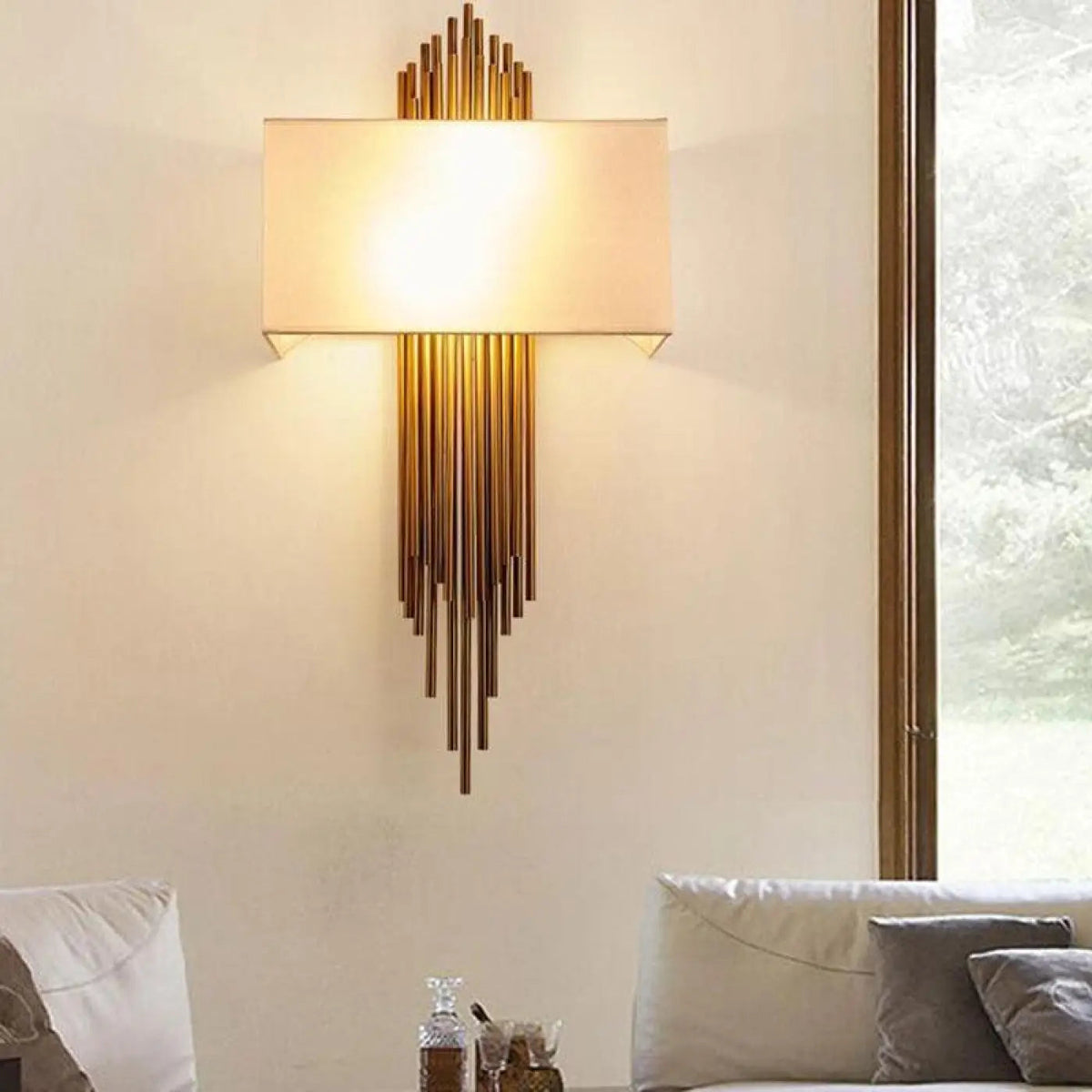 Wall Lamp Art Deco with Gold Tube Fringe and White Fabric Shade