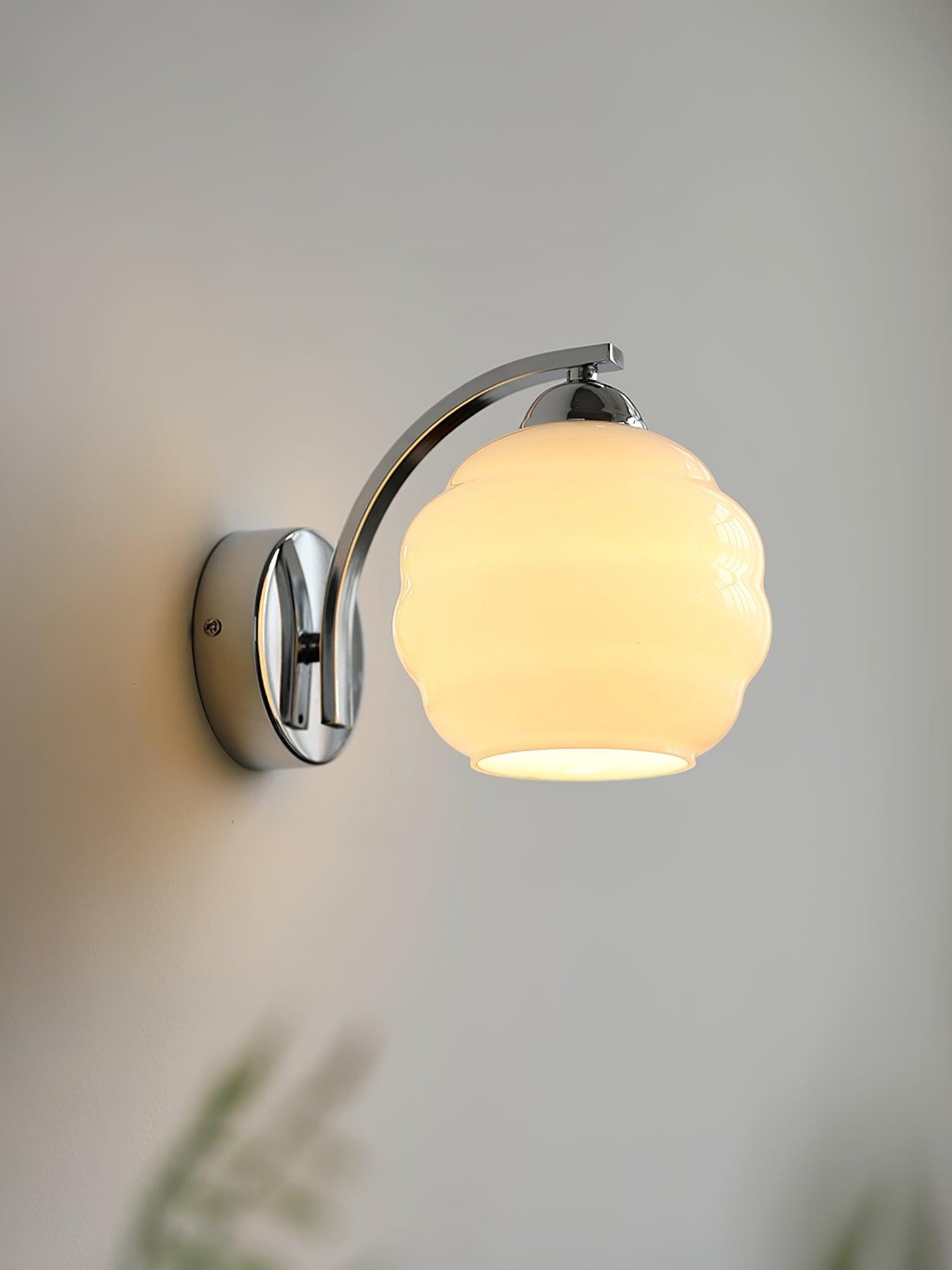 Wall Lamp Art Deco with Opal Glass Shade and Curved Arm