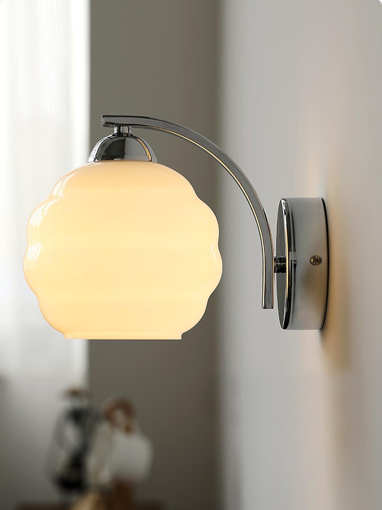 Wall Lamp Art Deco with Opal Glass Shade and Curved Arm
