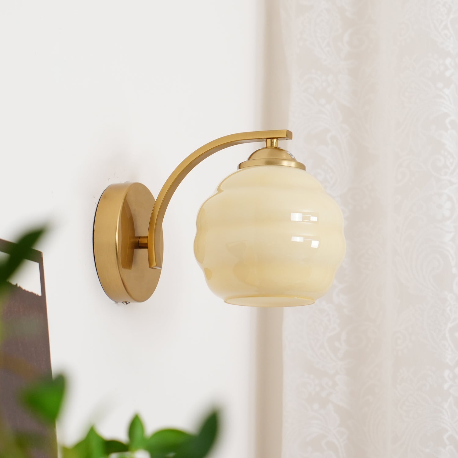 Wall Lamp Art Deco with Opal Glass Shade and Curved Arm