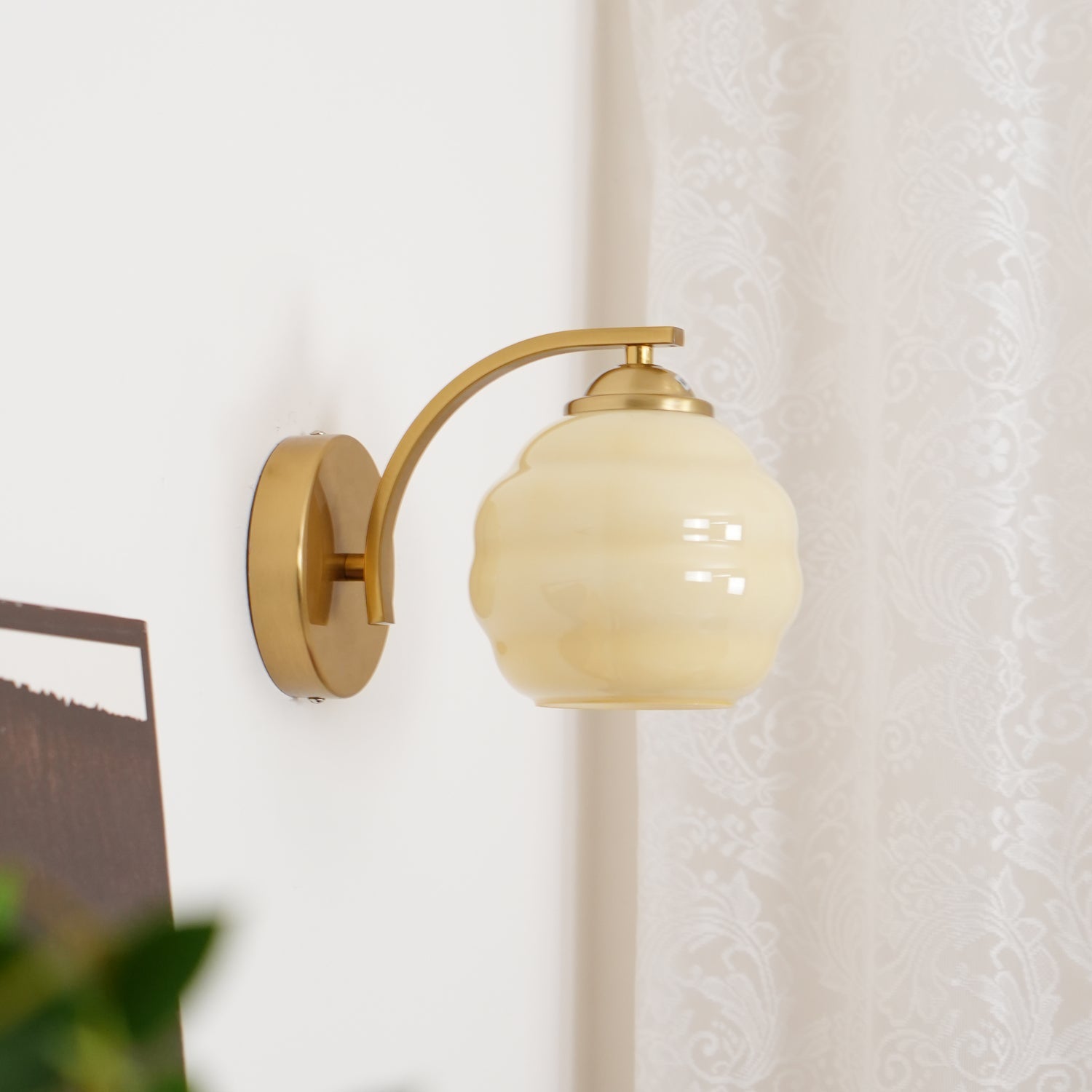 Wall Lamp Art Deco with Opal Glass Shade and Curved Arm