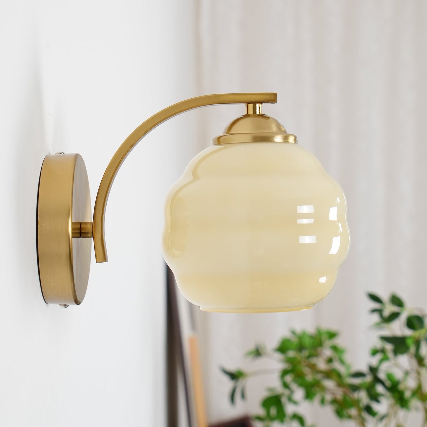 Wall Lamp Art Deco with Opal Glass Shade and Curved Arm