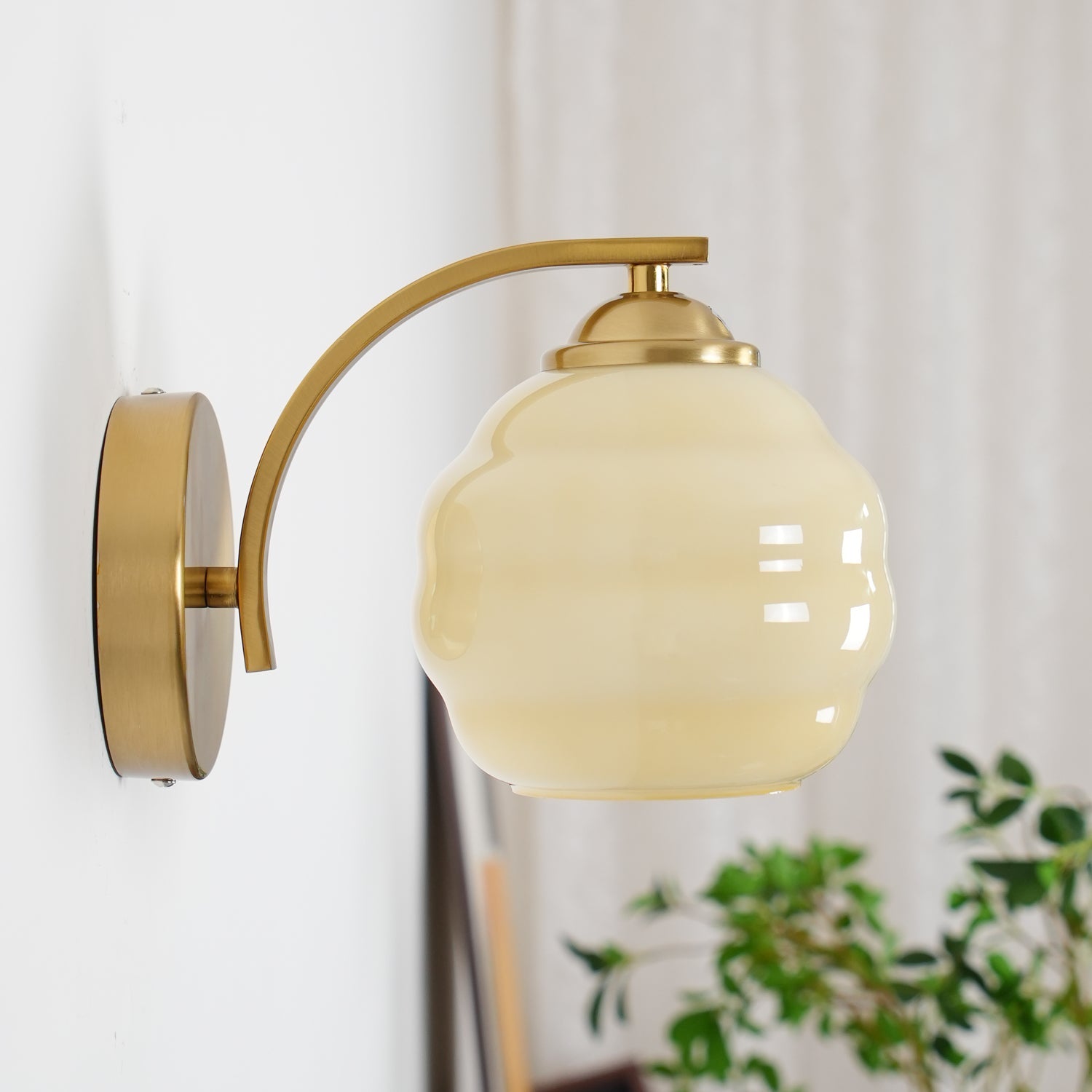 Wall Lamp Art Deco with Opal Glass Shade and Curved Arm