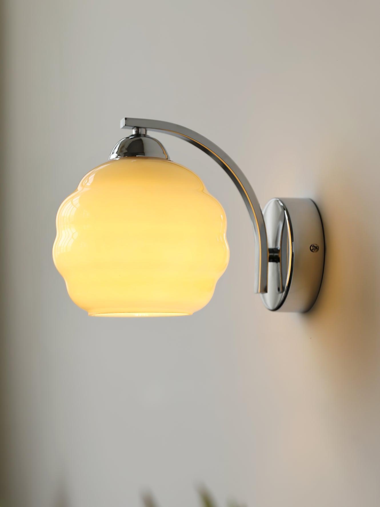 Wall Lamp Art Deco with Opal Glass Shade and Curved Arm