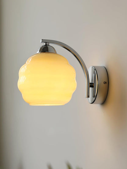 Wall Lamp Art Deco with Opal Glass Shade and Curved Arm