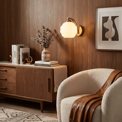 Wall Lamp Art Deco with Opal Glass Shade and Curved Arm