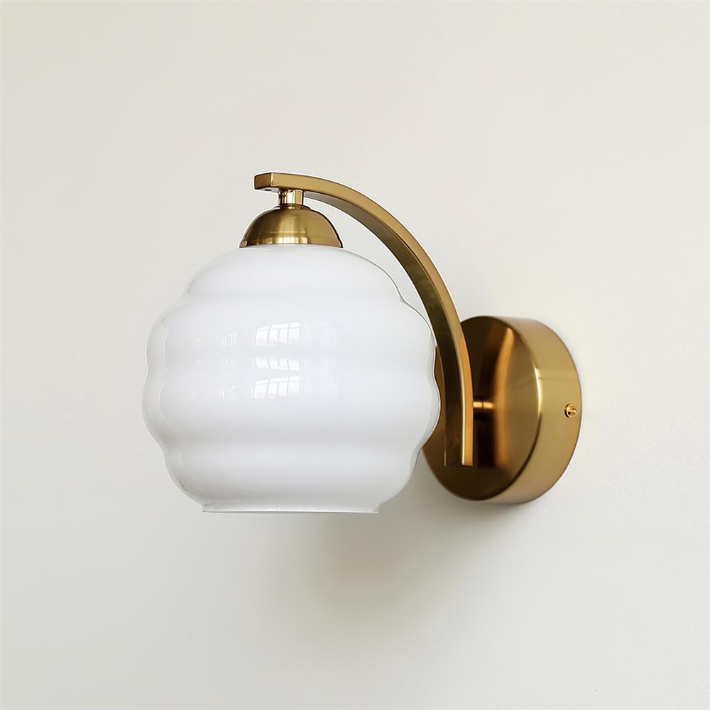 Wall Lamp Art Deco with Opal Glass Shade and Curved Arm