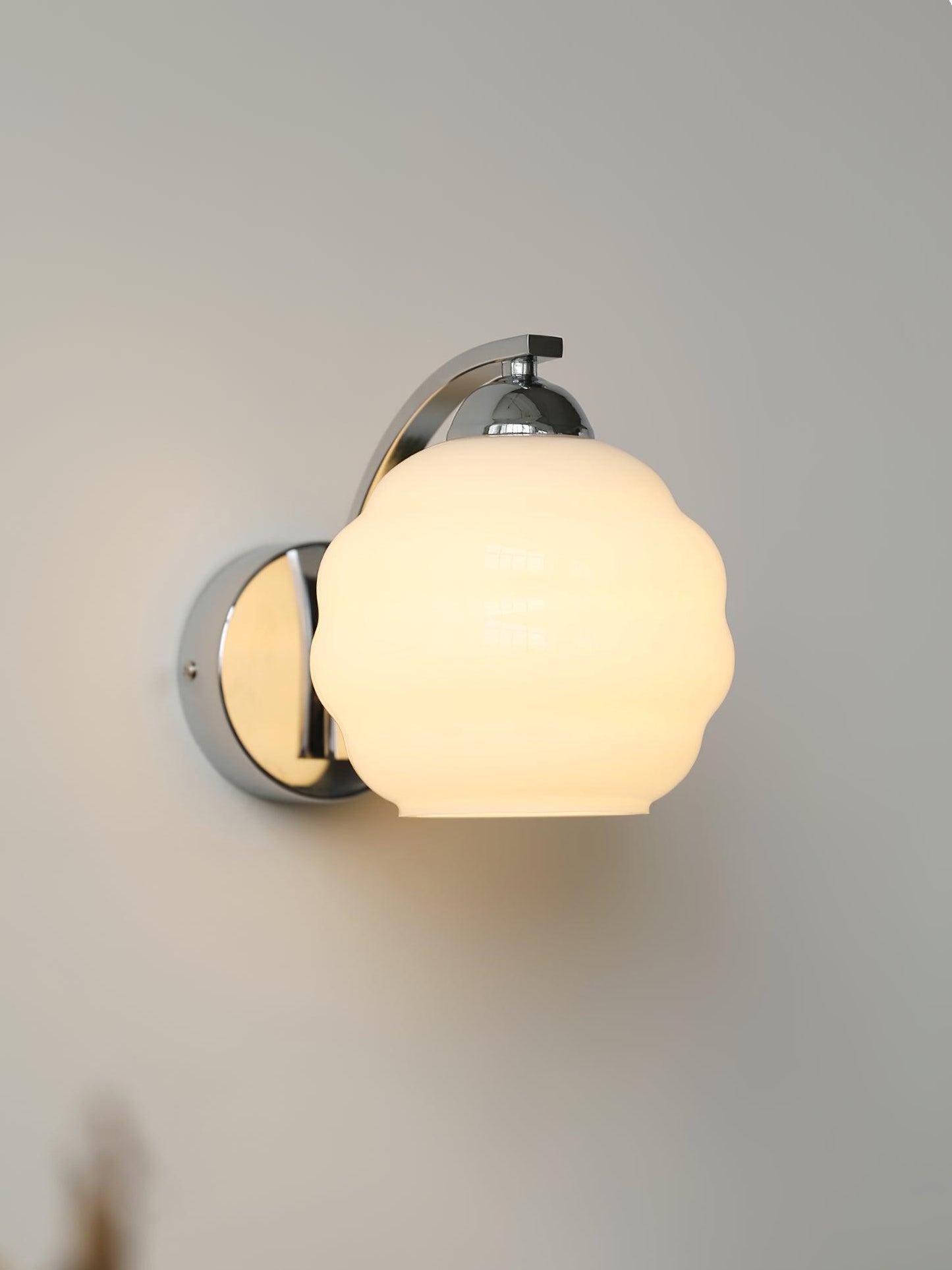 Wall Lamp Art Deco with Opal Glass Shade and Curved Arm
