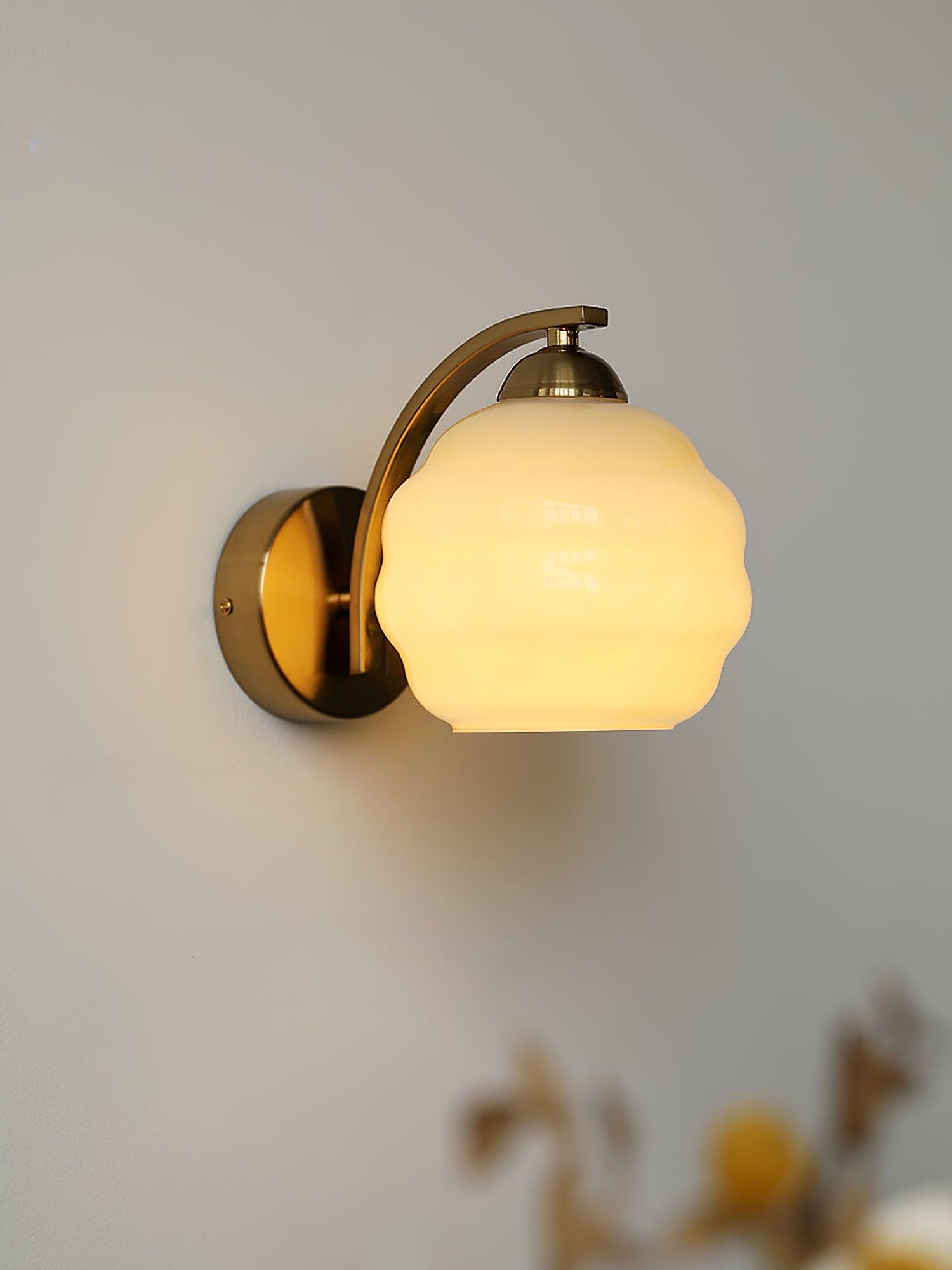 Wall Lamp Art Deco with Opal Glass Shade and Curved Arm