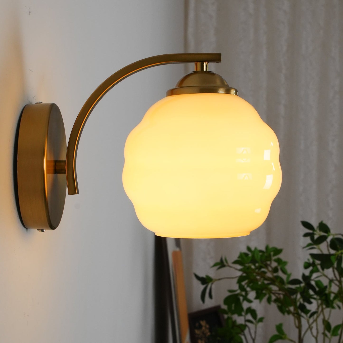 Wall Lamp Art Deco with Opal Glass Shade and Curved Arm