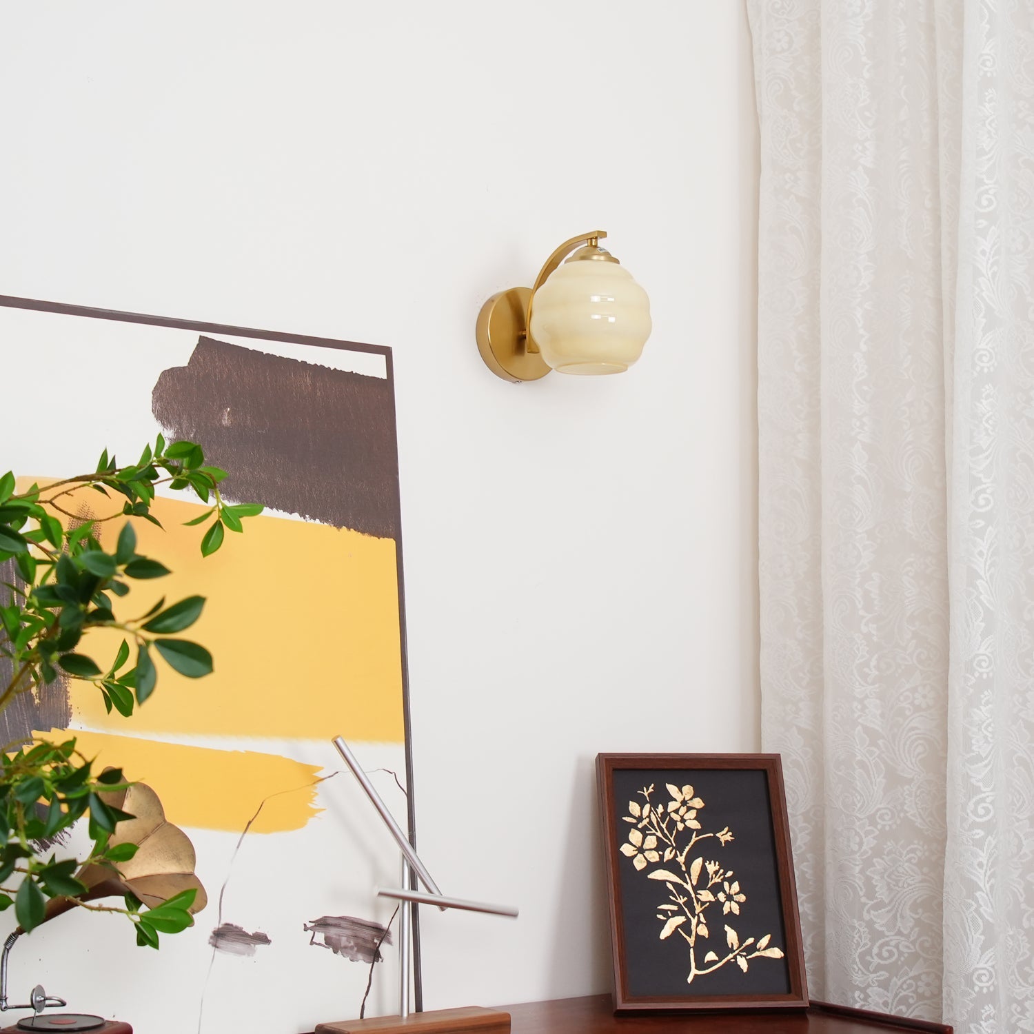Wall Lamp Art Deco with Opal Glass Shade and Curved Arm