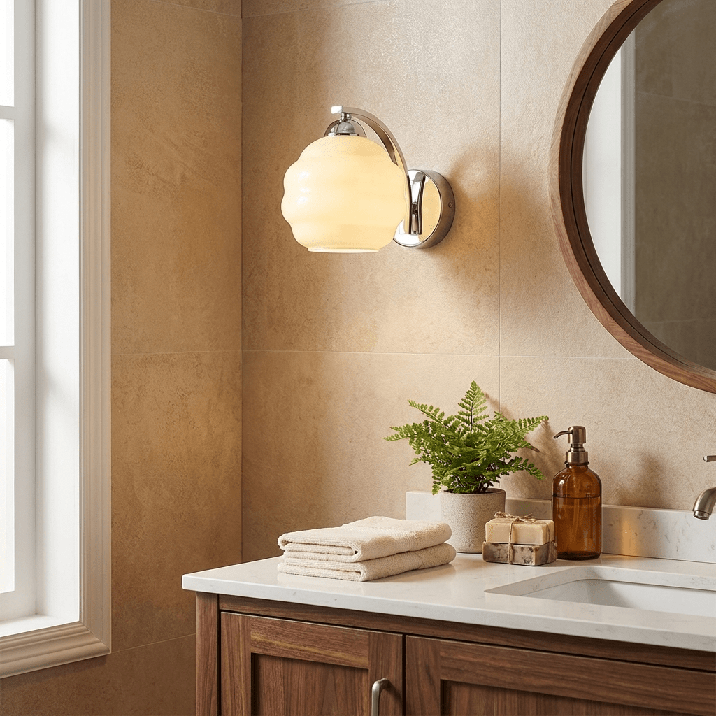 Wall Lamp Art Deco with Opal Glass Shade and Curved Arm