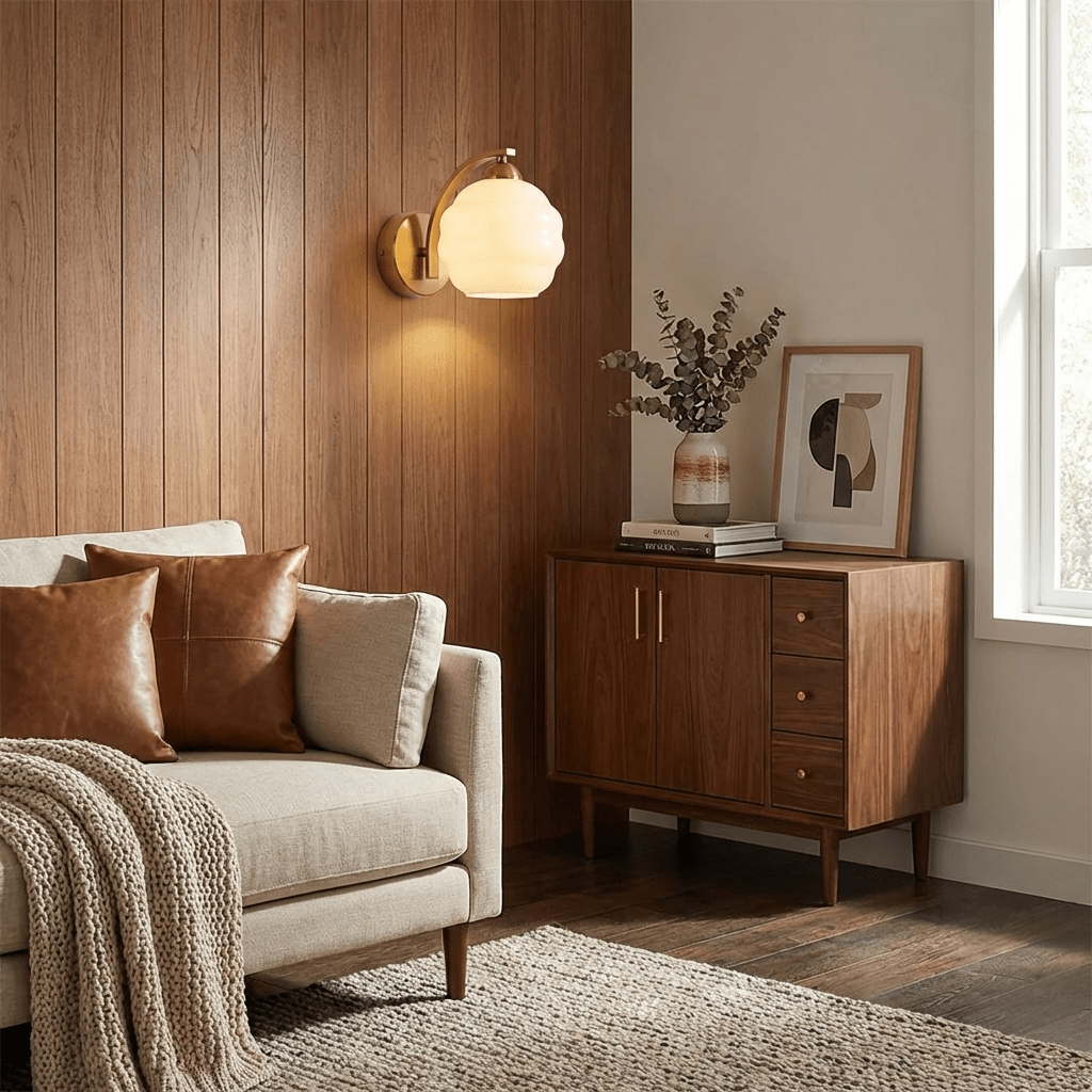 Wall Lamp Art Deco with Opal Glass Shade and Curved Arm