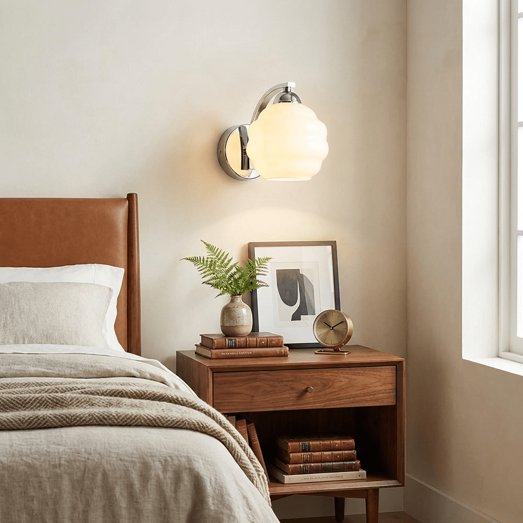 Wall Lamp Art Deco with Opal Glass Shade and Curved Arm