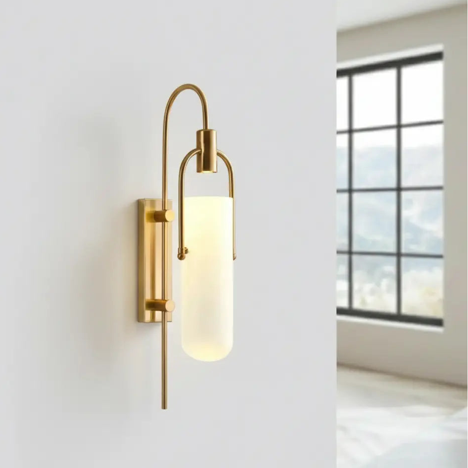 Wall Lamp Art Deco with Opaline Glass Shade and Brass Arch
