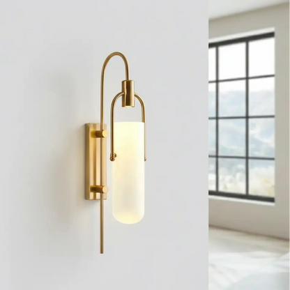 Wall Lamp Art Deco with Opaline Glass Shade and Brass Arch