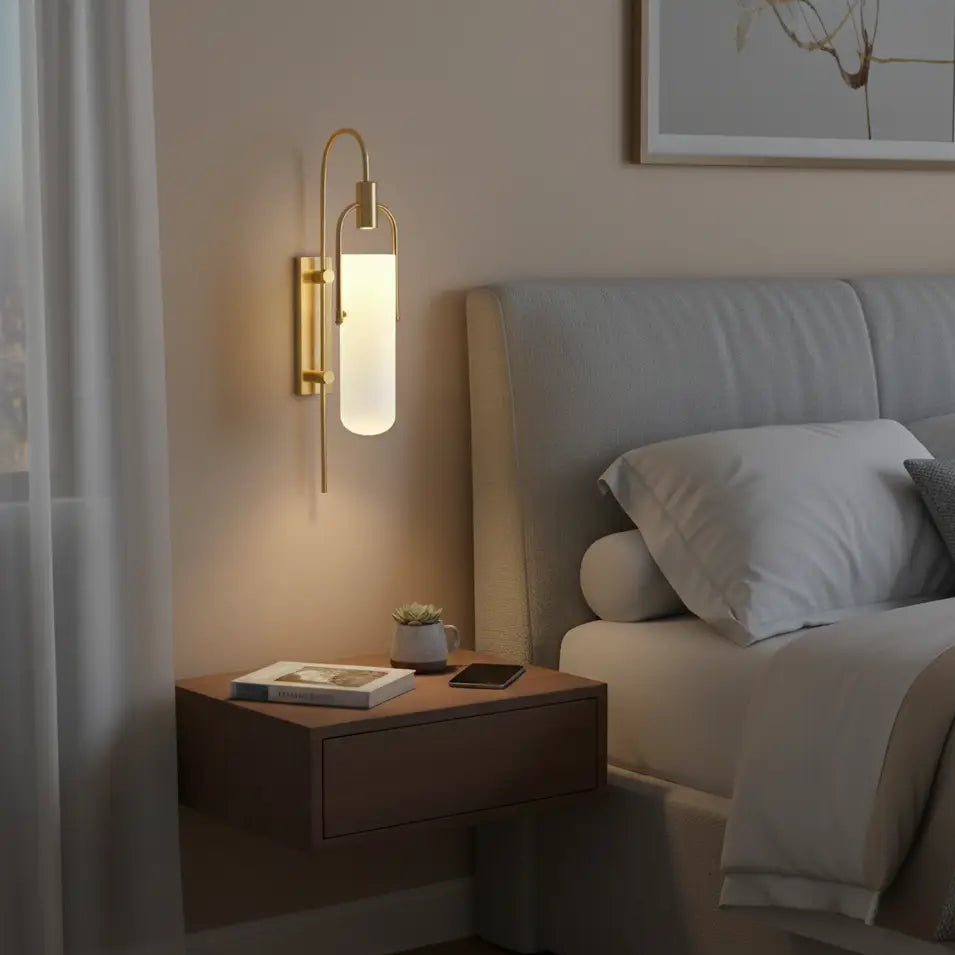 Wall Lamp Art Deco with Opaline Glass Shade and Brass Arch