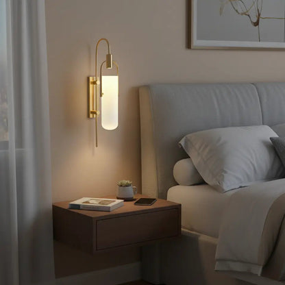Wall Lamp Art Deco with Opaline Glass Shade and Brass Arch