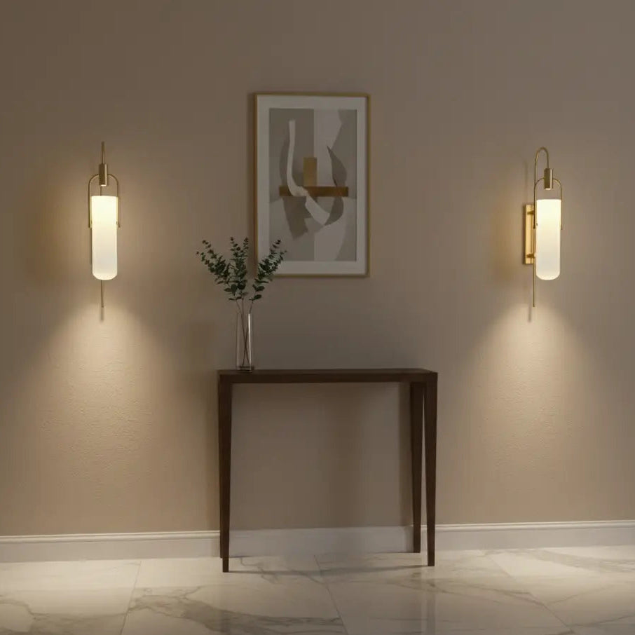 Wall Lamp Art Deco with Opaline Glass Shade and Brass Arch