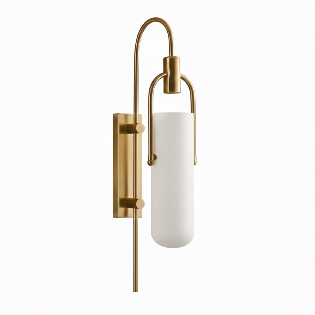 Wall Lamp Art Deco with Opaline Glass Shade and Brass Arch