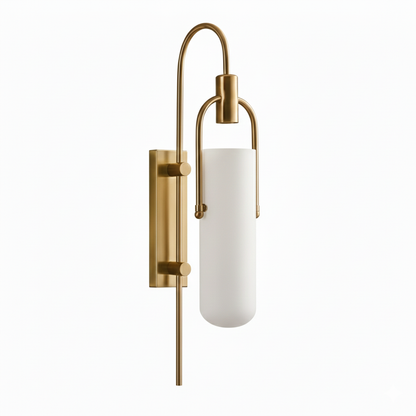 Wall Lamp Art Deco with Opaline Glass Shade and Brass Arch