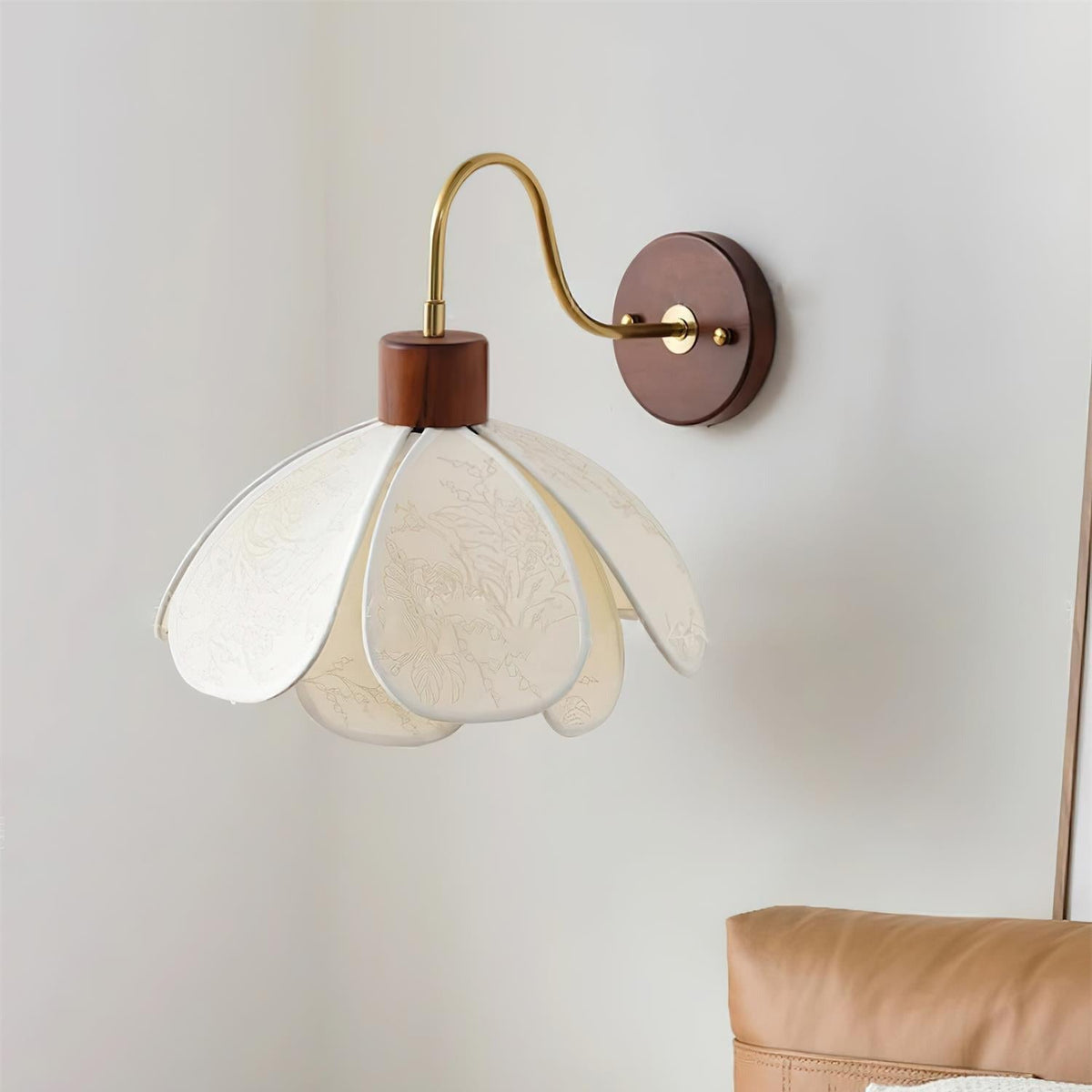 Wall Lamp Bohemian Floral Petal Shade with Wood and Brass Arm