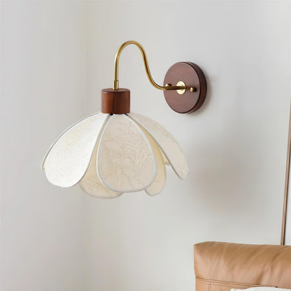 Wall Lamp Bohemian Floral Petal Shade with Wood and Brass Arm