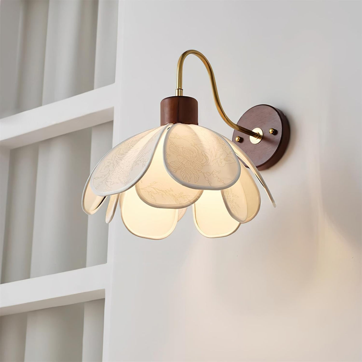 Wall Lamp Bohemian Floral Petal Shade with Wood and Brass Arm