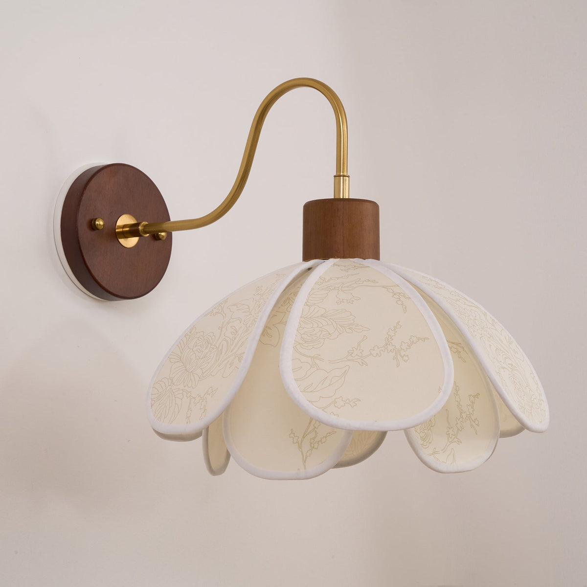 Wall Lamp Bohemian Floral Petal Shade with Wood and Brass Arm