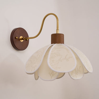 Wall Lamp Bohemian Floral Petal Shade with Wood and Brass Arm