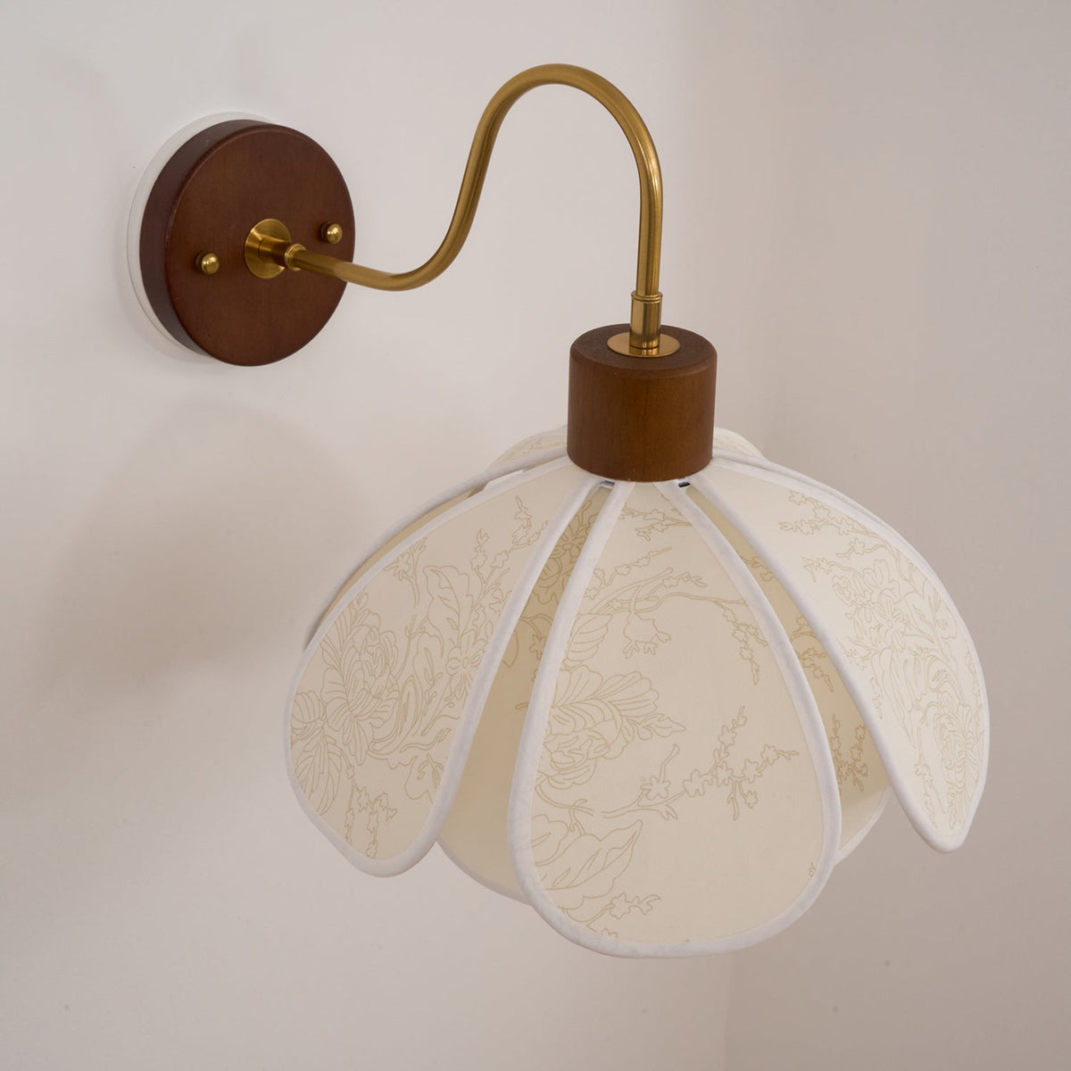 Wall Lamp Bohemian Floral Petal Shade with Wood and Brass Arm