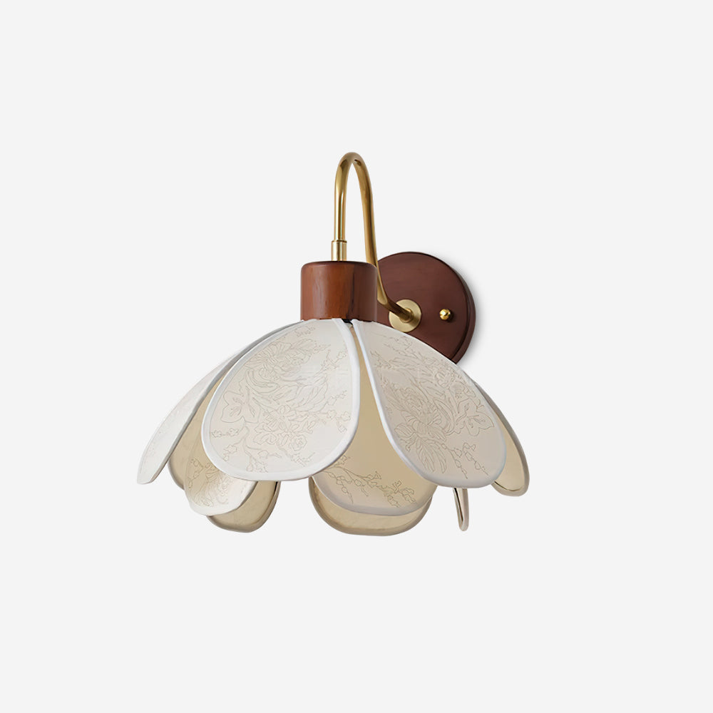 Wall Lamp Bohemian Floral Petal Shade with Wood and Brass Arm