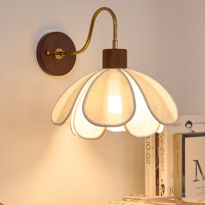 Wall Lamp Bohemian Floral Petal Shade with Wood and Brass Arm