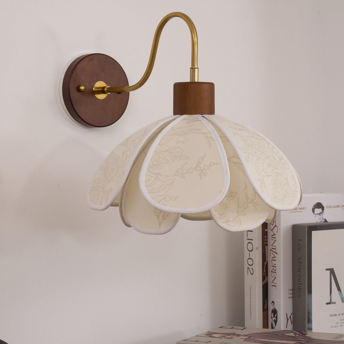 Wall Lamp Bohemian Floral Petal Shade with Wood and Brass Arm