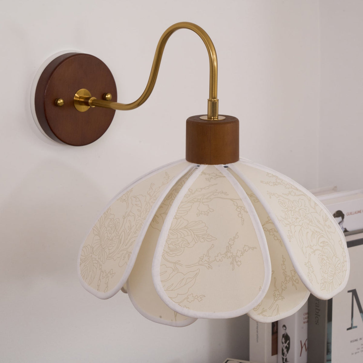 Wall Lamp Bohemian Floral Petal Shade with Wood and Brass Arm