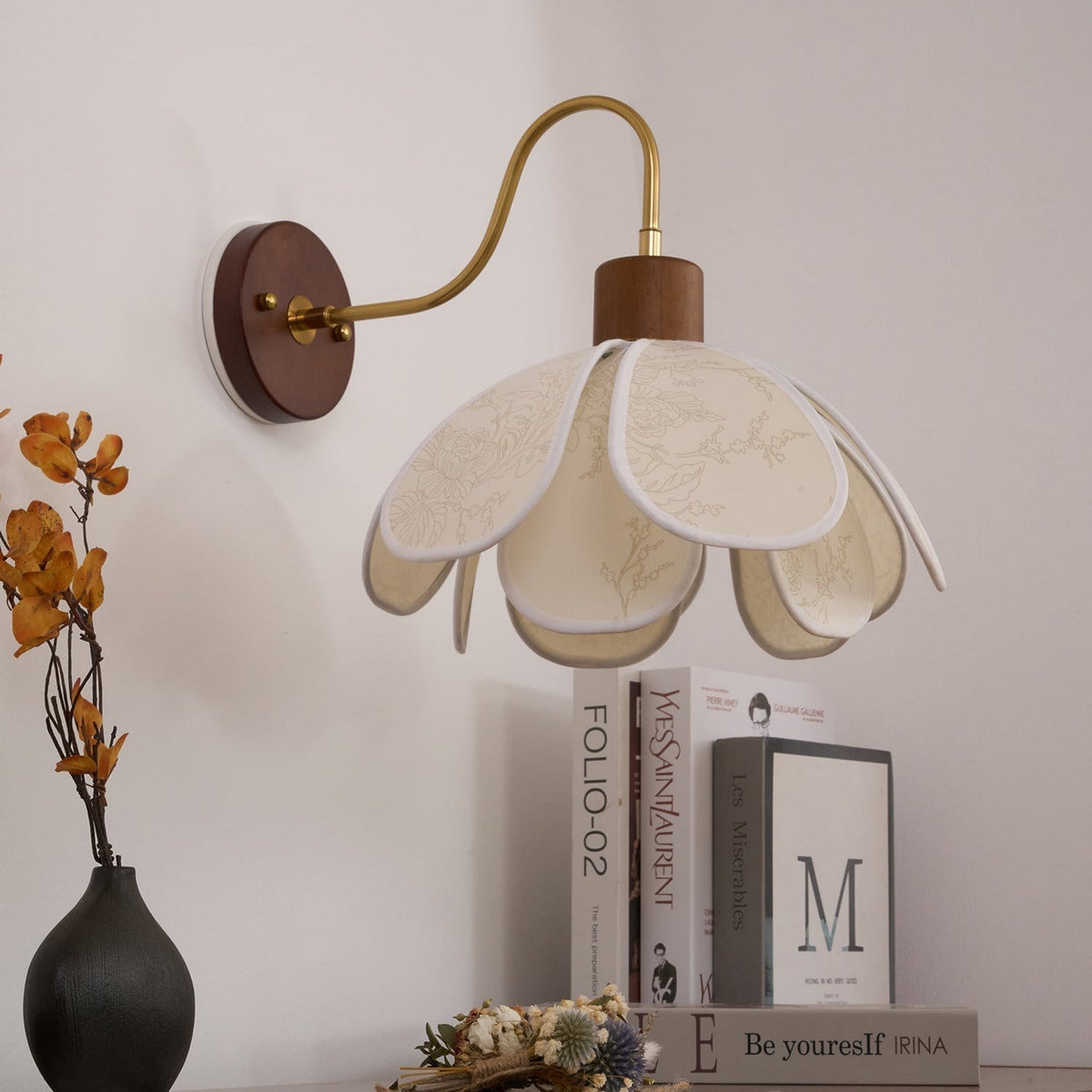 Wall Lamp Bohemian Floral Petal Shade with Wood and Brass Arm