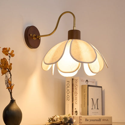 Wall Lamp Bohemian Floral Petal Shade with Wood and Brass Arm