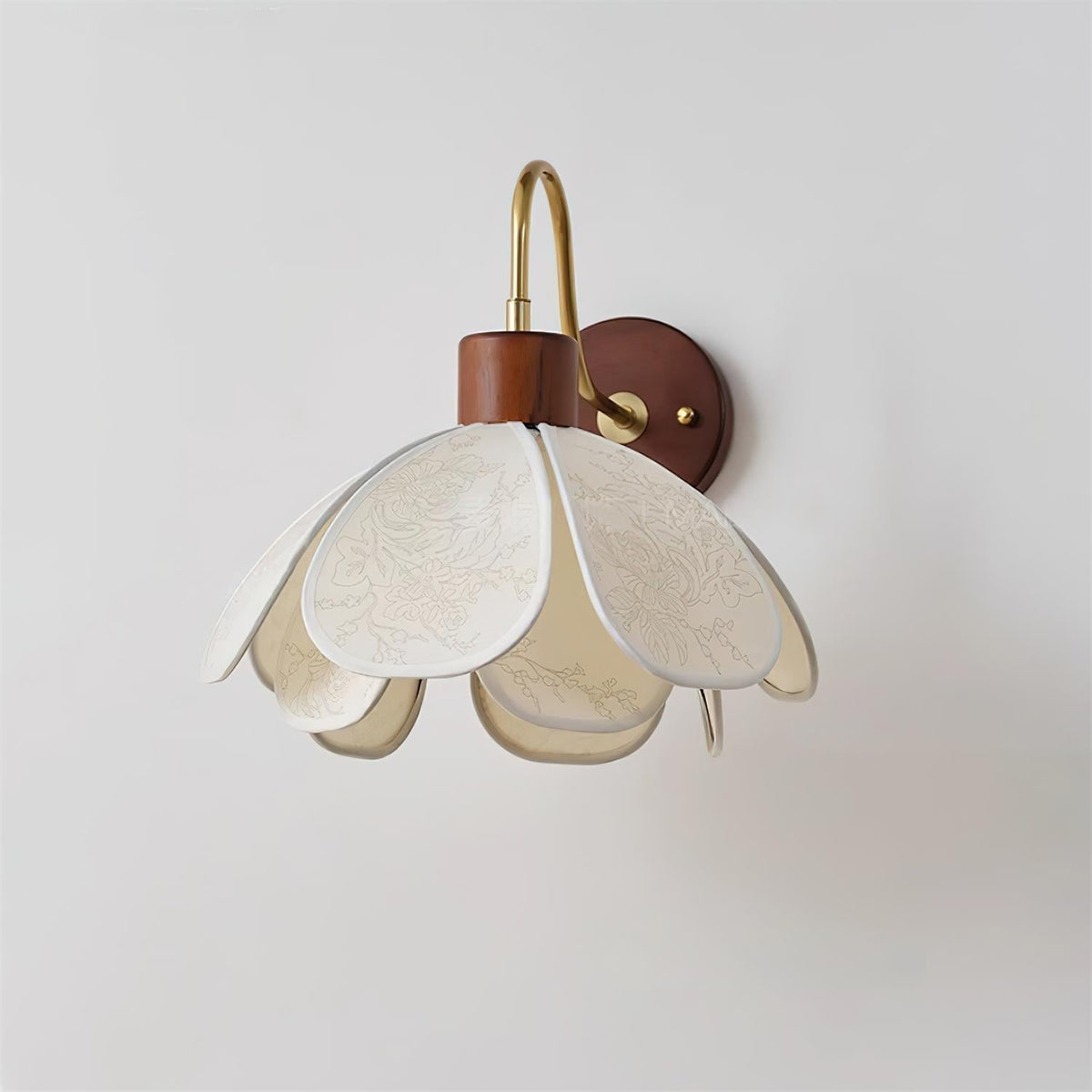 Wall Lamp Bohemian Floral Petal Shade with Wood and Brass Arm
