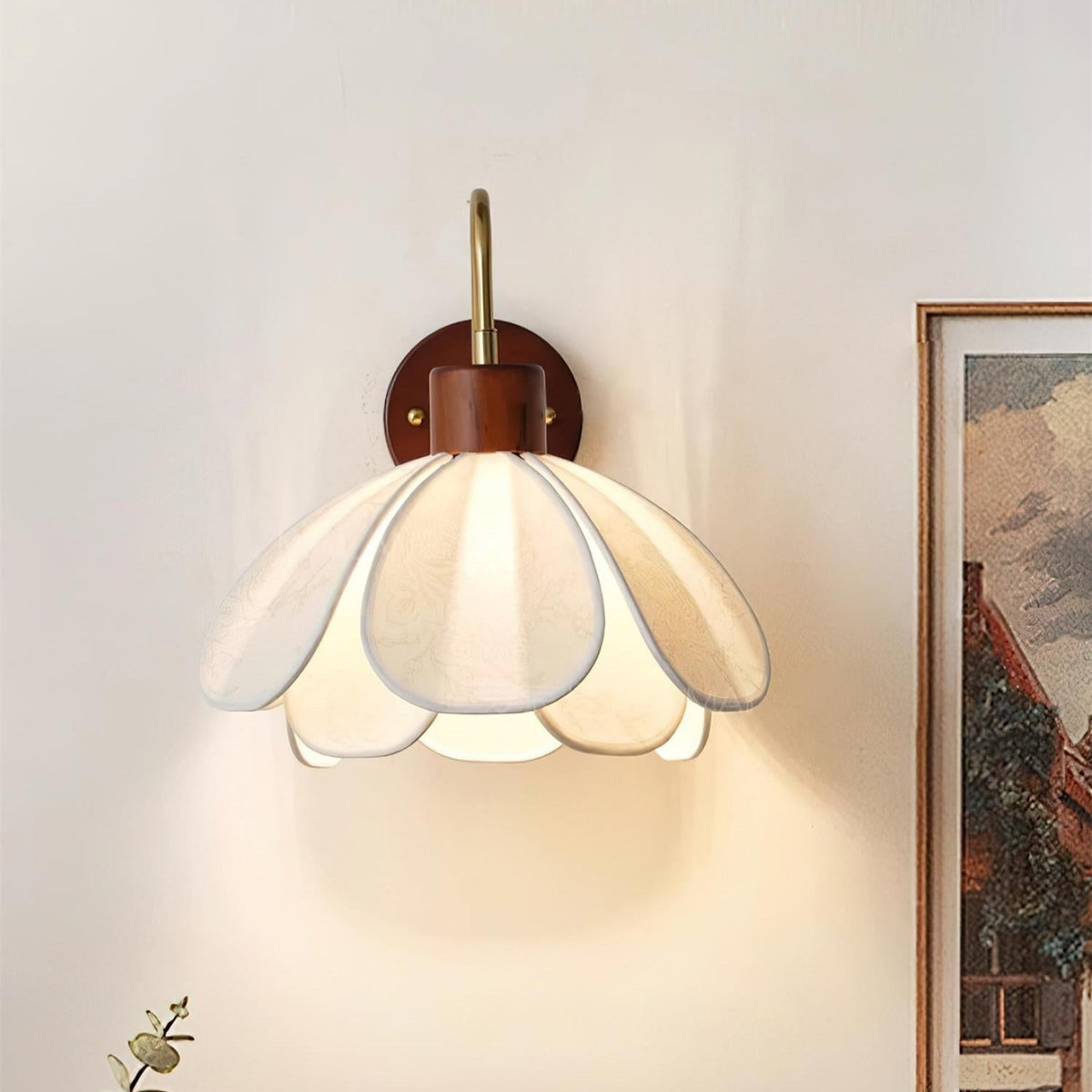 Wall Lamp Bohemian Floral Petal Shade with Wood and Brass Arm