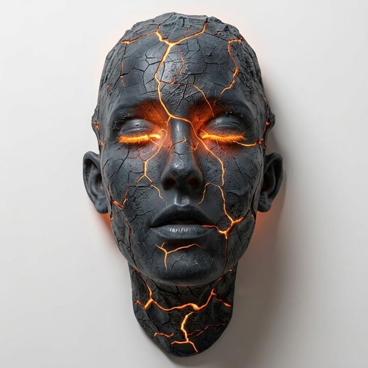 Wall Lamp Face Sculpture with Glowing Lava Cracks and Built-In LED Light
