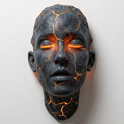 Wall Lamp Face Sculpture with Glowing Lava Cracks and Built-In LED Light