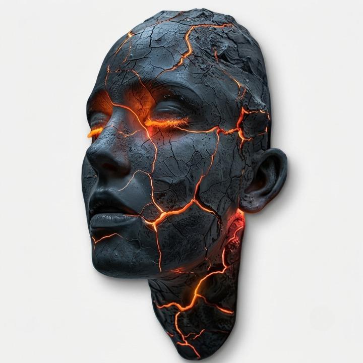 Wall Lamp Face Sculpture with Glowing Lava Cracks and Built-In LED Light