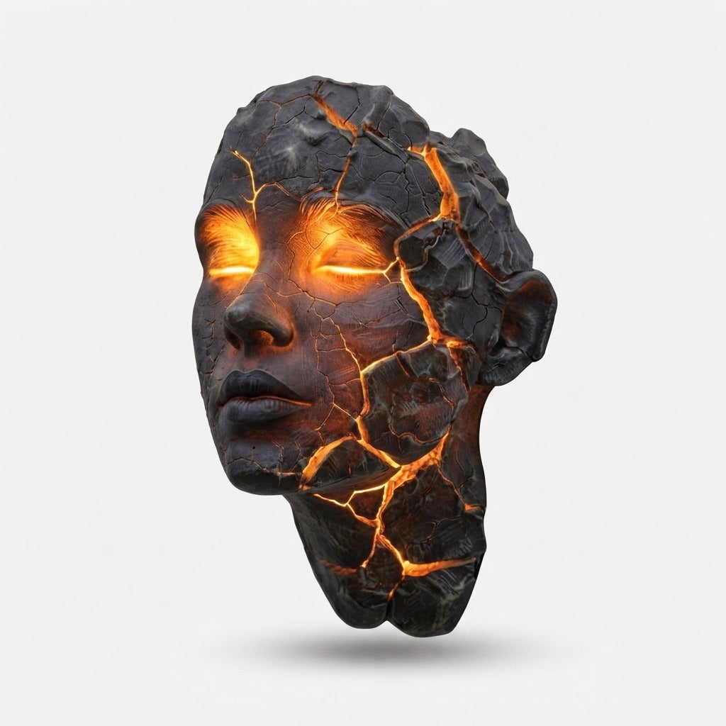 Wall Lamp Face Sculpture with Glowing Lava Cracks and Built-In LED Light