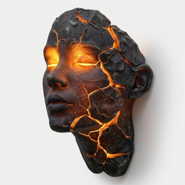 Wall Lamp Face Sculpture with Glowing Lava Cracks and Built-In LED Light