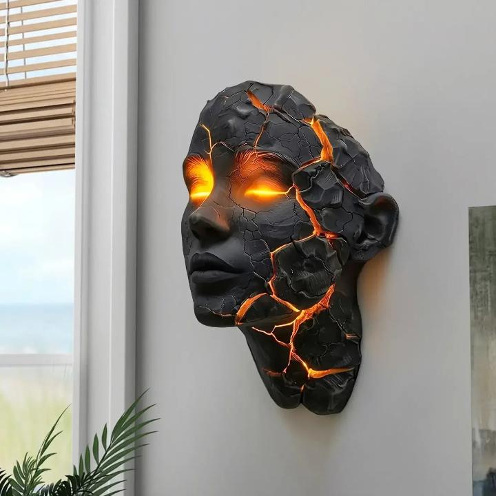 Wall Lamp Face Sculpture with Glowing Lava Cracks and Built-In LED Light