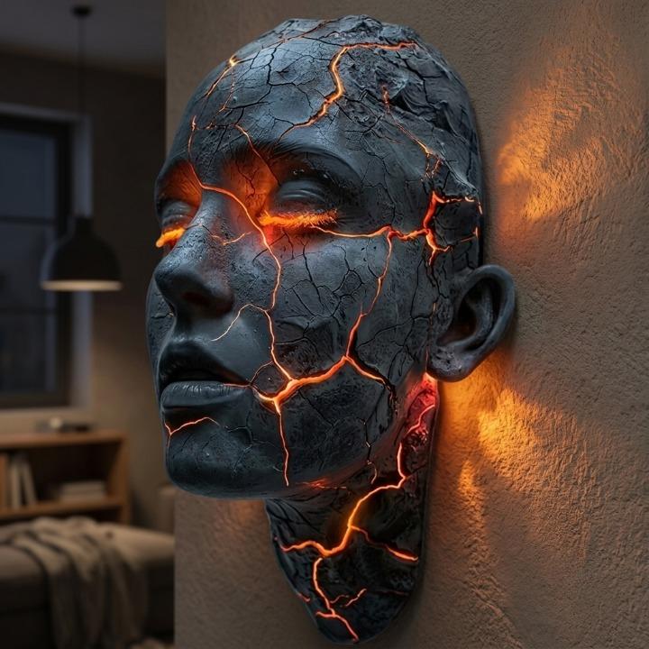Wall Lamp Face Sculpture with Glowing Lava Cracks and Built-In LED Light