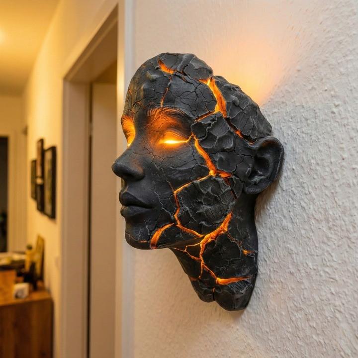 Wall Lamp Face Sculpture with Glowing Lava Cracks and Built-In LED Light