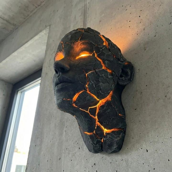 Wall Lamp Face Sculpture with Glowing Lava Cracks and Built-In LED Light